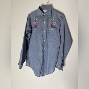 Vintage King Kole Blue‎ Snap Collar Shirt Floral Embroidery See Measurements CP